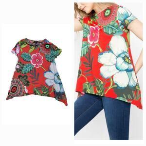 Desigual Bold Floral Asymmetrical Emilio Tunic T-Shirt Top Artsy Boho Size Small
